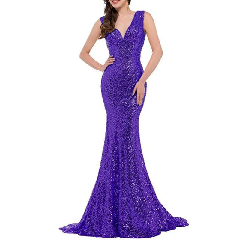 sd-hk Women Sequin Evening Maxi Dress Strapless Slim Prom Gowns