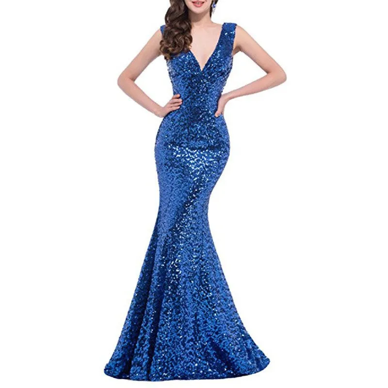 sd-hk Women Sequin Evening Maxi Dress Strapless Slim Prom Gowns