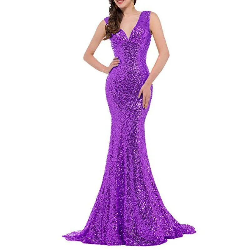 sd-hk Women Sequin Evening Maxi Dress Strapless Slim Prom Gowns
