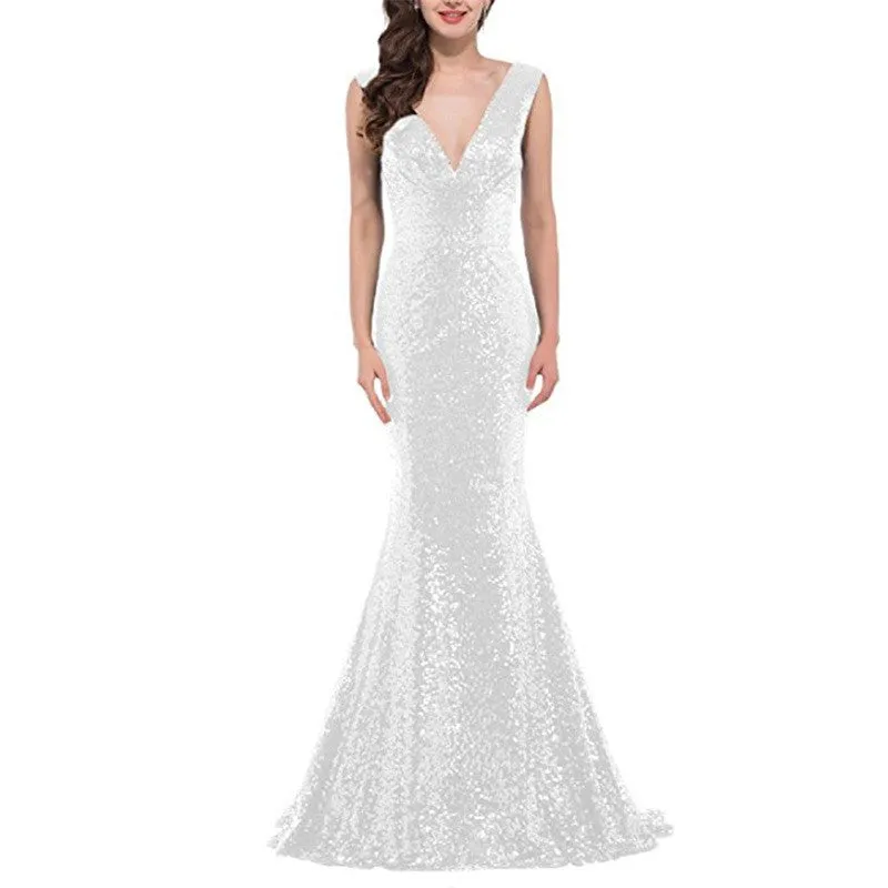 sd-hk Women Sequin Evening Maxi Dress Strapless Slim Prom Gowns