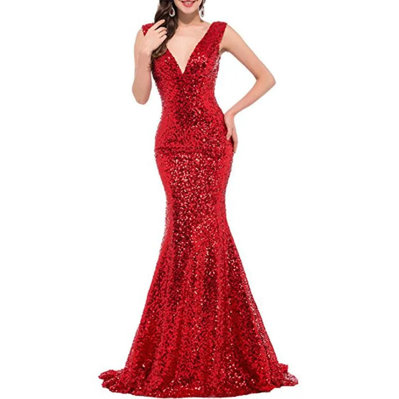 sd-hk Women Sequin Evening Maxi Dress Strapless Slim Prom Gowns
