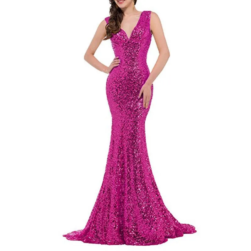 sd-hk Women Sequin Evening Maxi Dress Strapless Slim Prom Gowns