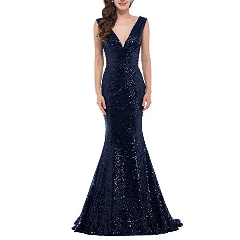 sd-hk Women Sequin Evening Maxi Dress Strapless Slim Prom Gowns