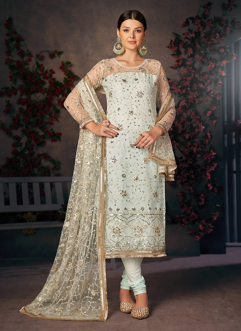 Sea Green Sequence Embroidered Churidar Suit