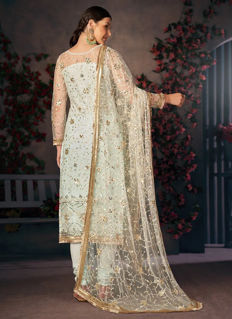 Sea Green Sequence Embroidered Churidar Suit