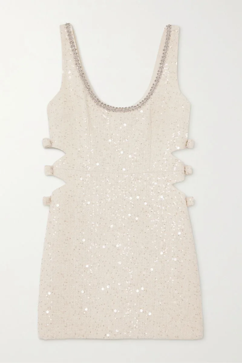 Self-Portrait Cream Boucle Embellished Neck Cut Out Mini Dress UK 10