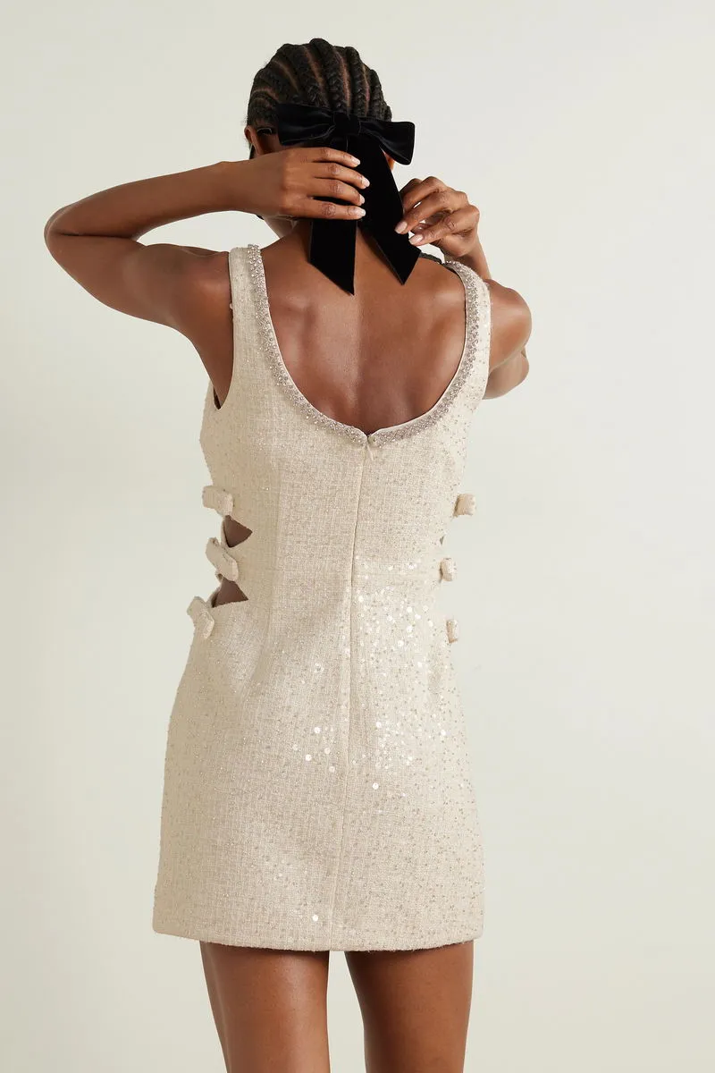 Self-Portrait Cream Boucle Embellished Neck Cut Out Mini Dress UK 10