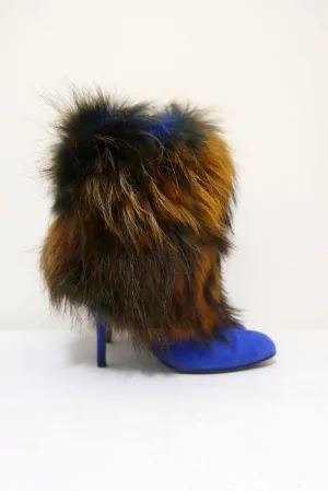 Sergio Rossi Fur & Suede Ankle Boots Blue/Brown Size 36.5
