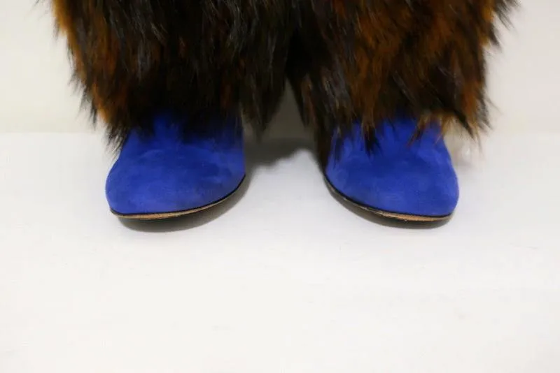 Sergio Rossi Fur & Suede Ankle Boots Blue/Brown Size 36.5
