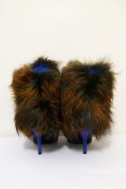 Sergio Rossi Fur & Suede Ankle Boots Blue/Brown Size 36.5