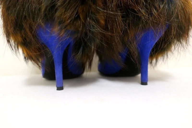 Sergio Rossi Fur & Suede Ankle Boots Blue/Brown Size 36.5