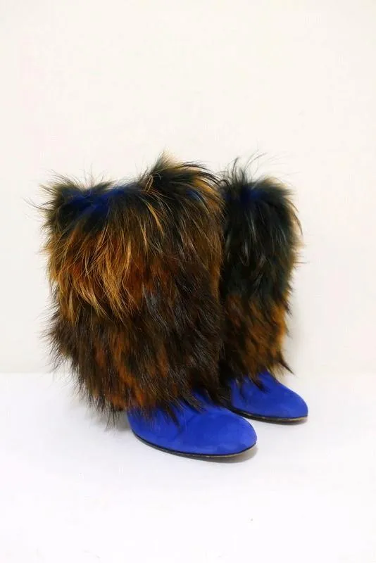Sergio Rossi Fur & Suede Ankle Boots Blue/Brown Size 36.5