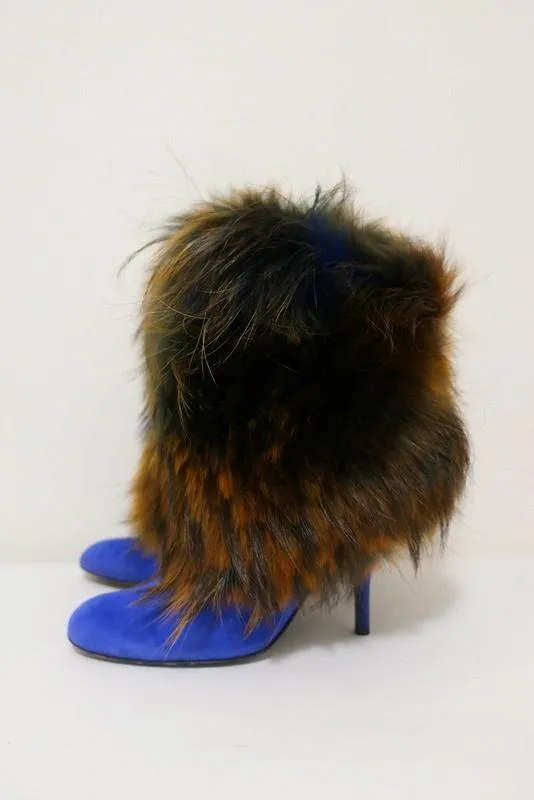 Sergio Rossi Fur & Suede Ankle Boots Blue/Brown Size 36.5