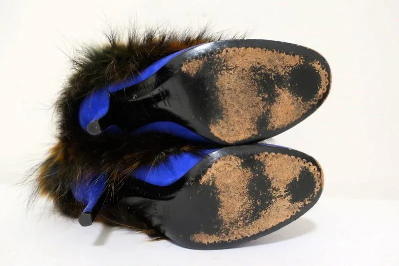 Sergio Rossi Fur & Suede Ankle Boots Blue/Brown Size 36.5