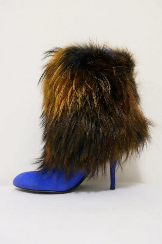 Sergio Rossi Fur & Suede Ankle Boots Blue/Brown Size 36.5
