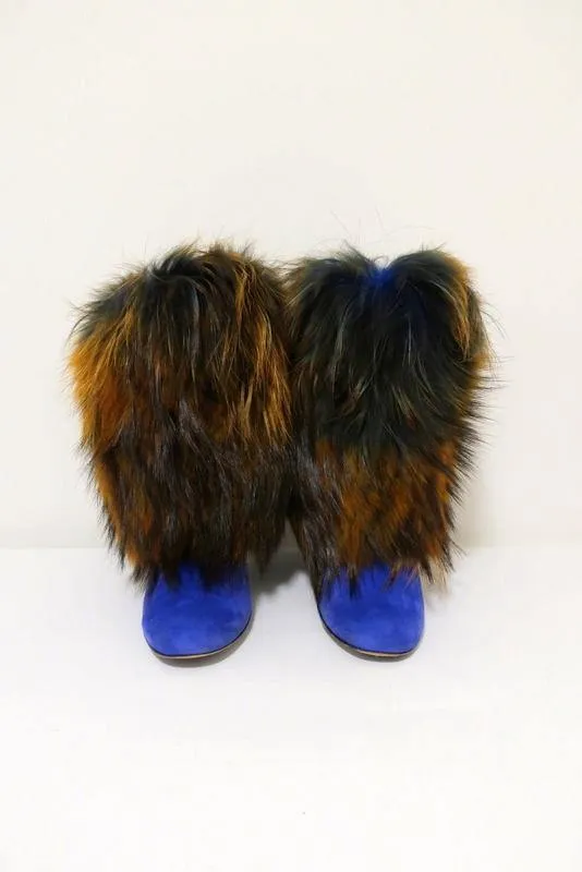 Sergio Rossi Fur & Suede Ankle Boots Blue/Brown Size 36.5