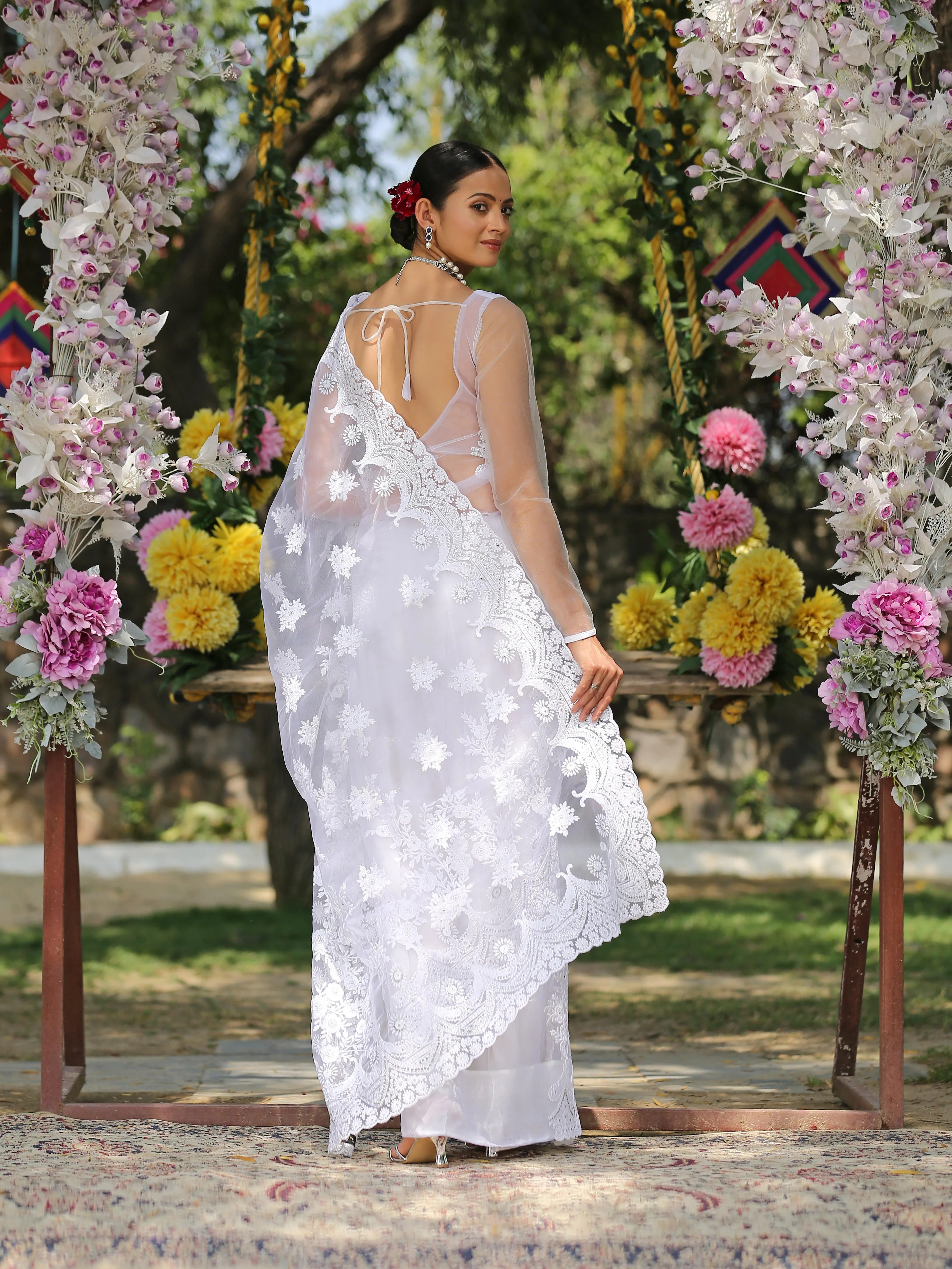 SET I Angel White Net Saree with Embroidery & Scalloping   Blouse