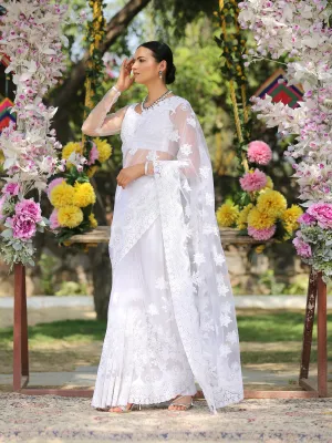 SET I Angel White Net Saree with Embroidery & Scalloping   Blouse