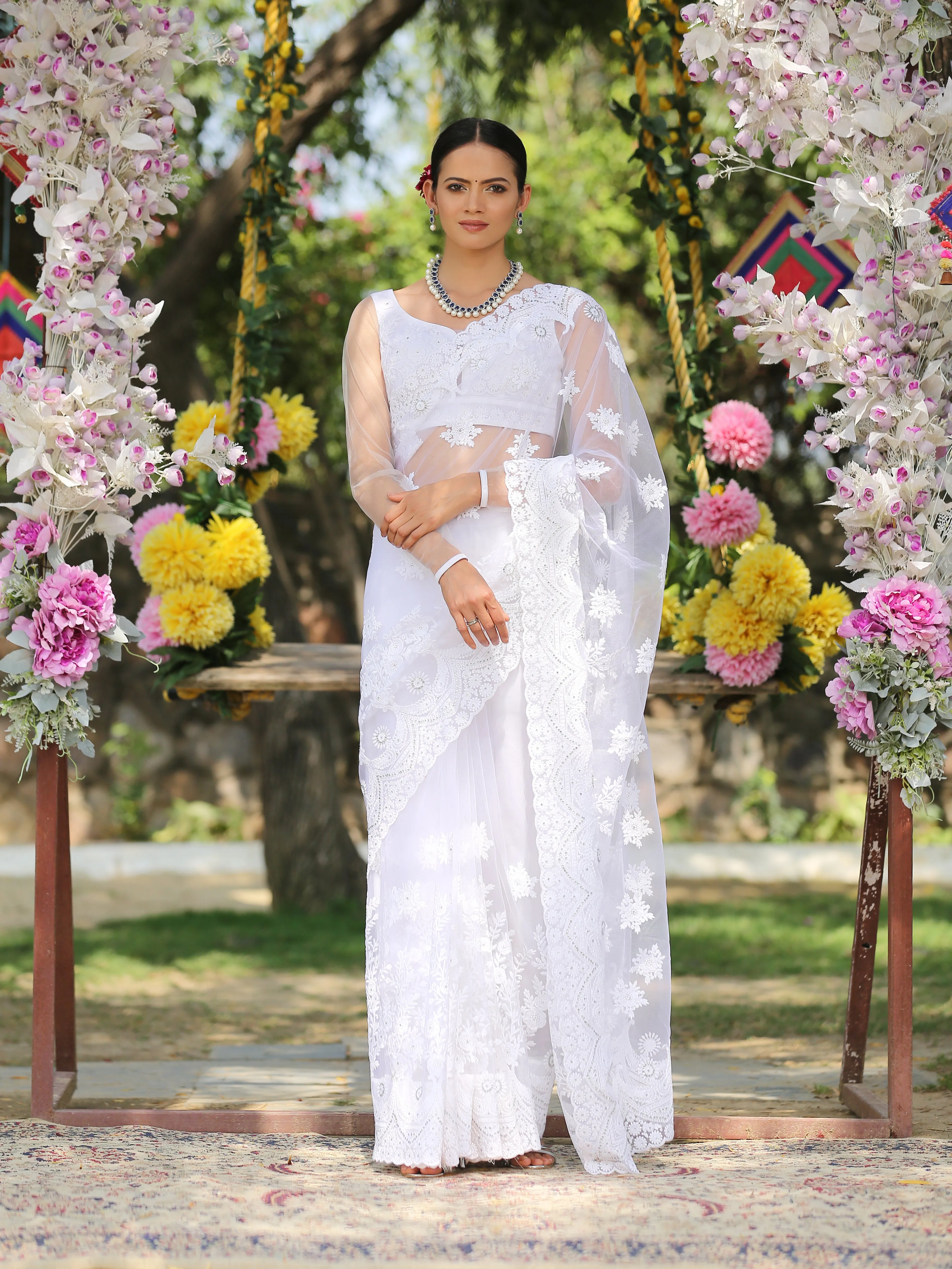 SET I Angel White Net Saree with Embroidery & Scalloping   Blouse