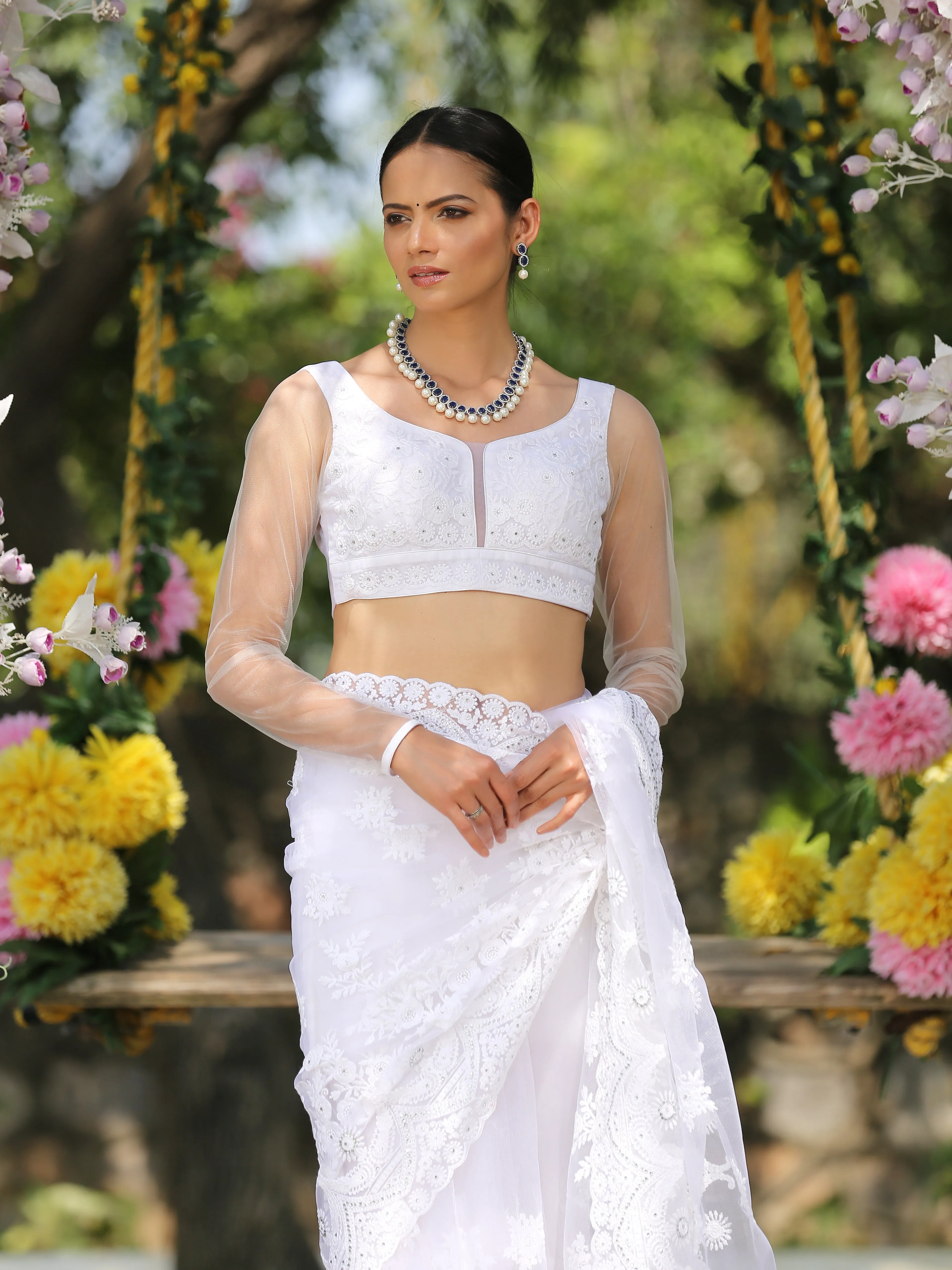 SET I Angel White Net Saree with Embroidery & Scalloping   Blouse