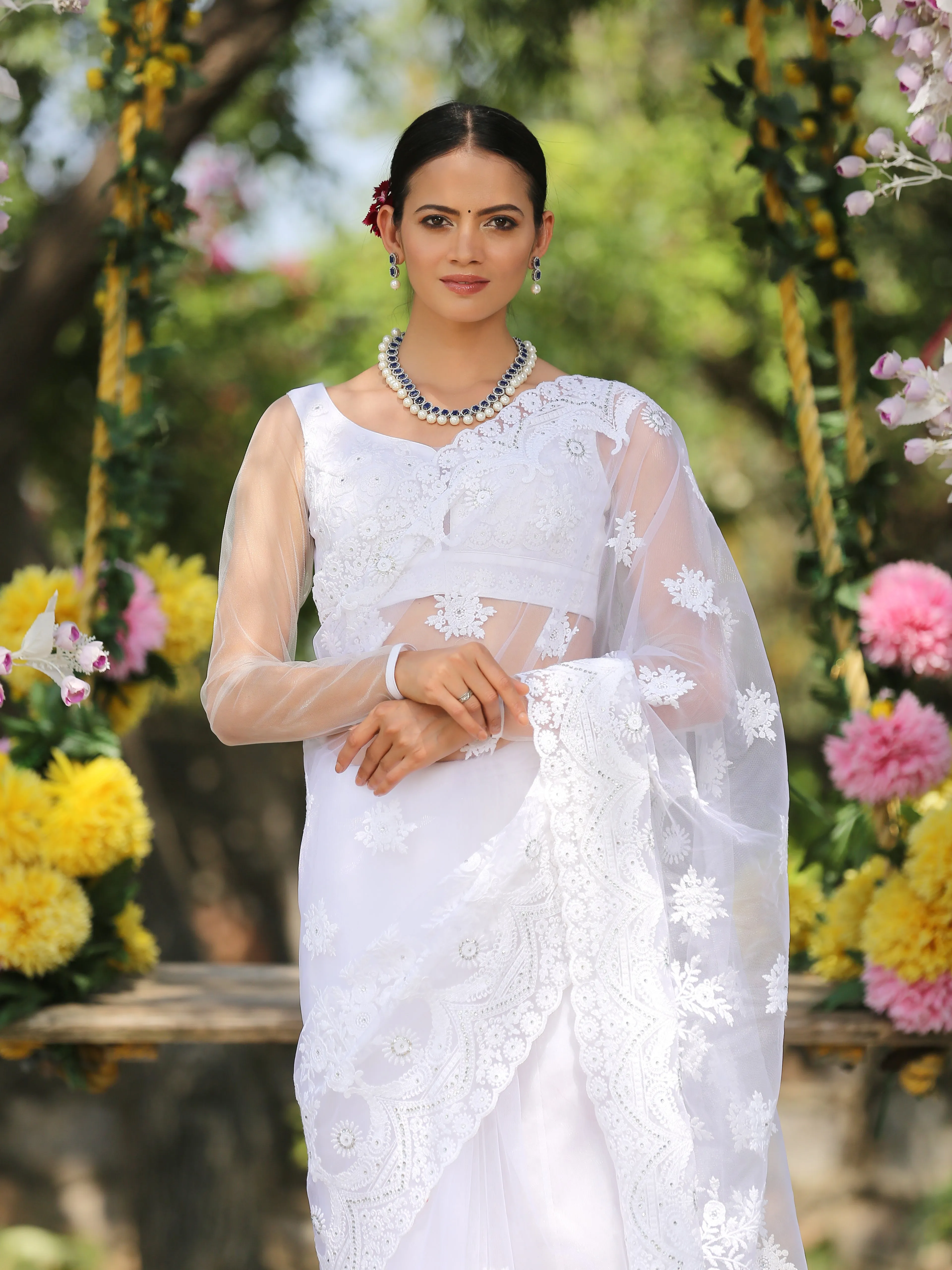 SET I Angel White Net Saree with Embroidery & Scalloping   Blouse