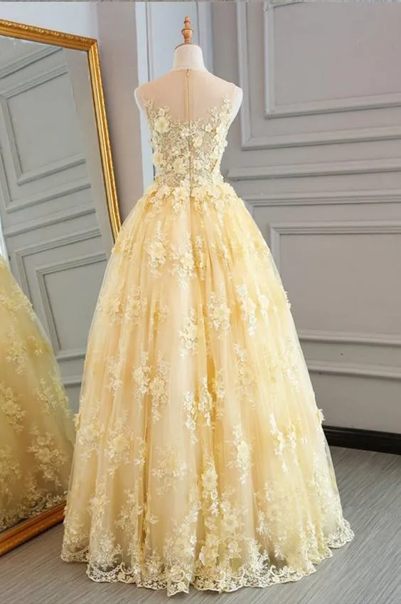 Sexy A-line Floor-length Scoop Neck Sleeveless Tulle Long Prom Dresses OHC183