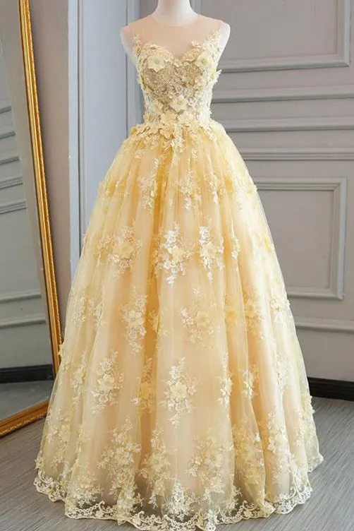 Sexy A-line Floor-length Scoop Neck Sleeveless Tulle Long Prom Dresses OHC183