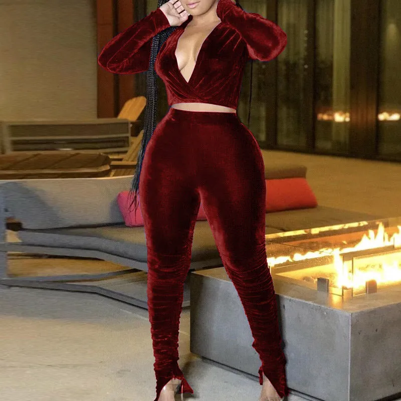 Sexy Velvet V-Neck Long Sleeve Top & High Waist Stacket Pants Set