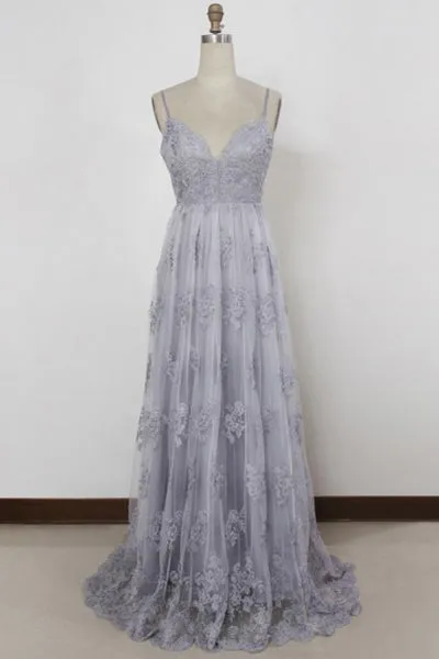Sheath Spaghetti Straps Sweep Train Backless Grey Tulle Prom Dress with Appliques P24