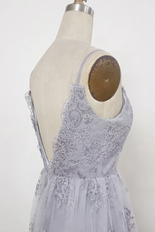 Sheath Spaghetti Straps Sweep Train Backless Grey Tulle Prom Dress with Appliques P24