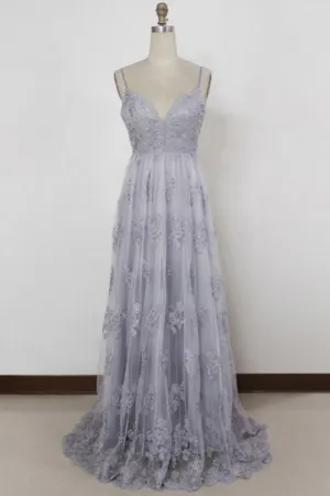 Sheath Spaghetti Straps Sweep Train Backless Grey Tulle Prom Dress with Appliques P24