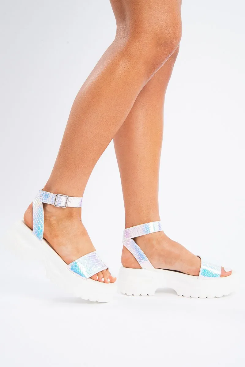 Silver Holographic Faux Snake Chunky Sandal - Elfa