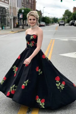 Simple A-line Sweetheart Sweep Train Sleeveless Embroidery Long Satin Prom Dress OHC211