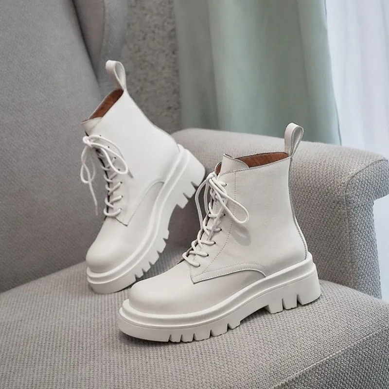 Size 34-43 2021 New INS Woman Leather Ankle Boots Lace Up Shoes Woman Short  Winter Warm Boots Platform Heels Footwear