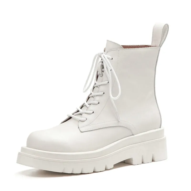 Size 34-43 2021 New INS Woman Leather Ankle Boots Lace Up Shoes Woman Short  Winter Warm Boots Platform Heels Footwear