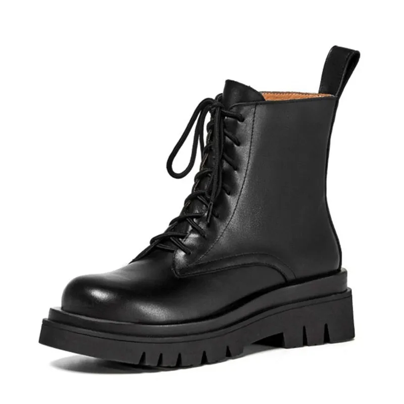 Size 34-43 2021 New INS Woman Leather Ankle Boots Lace Up Shoes Woman Short  Winter Warm Boots Platform Heels Footwear