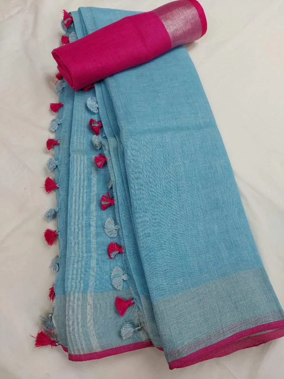 Sky Blue And Pink Pure Linen Saree