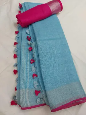 Sky Blue And Pink Pure Linen Saree