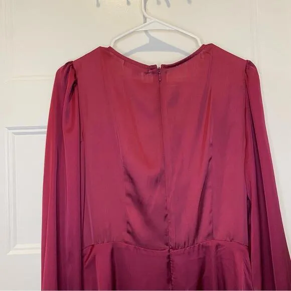 Socialite Burgundy Tie Front Knot Long Sleeve Satin Mini Dress Size M NWT