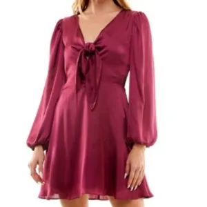 Socialite Burgundy Tie Front Knot Long Sleeve Satin Mini Dress Size M NWT