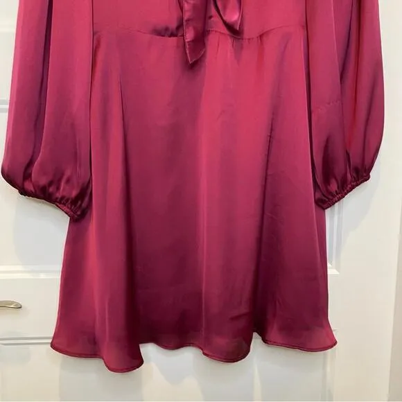 Socialite Burgundy Tie Front Knot Long Sleeve Satin Mini Dress Size M NWT