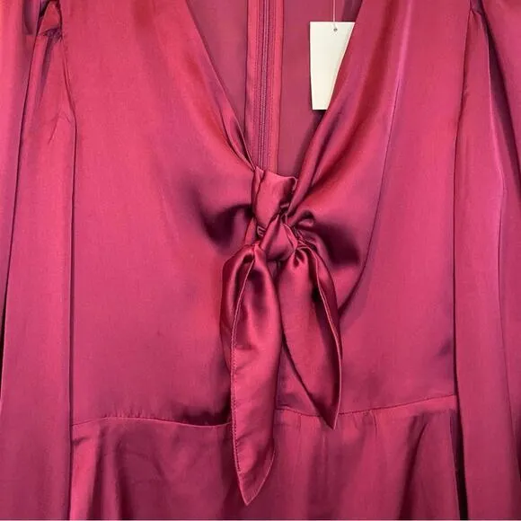 Socialite Burgundy Tie Front Knot Long Sleeve Satin Mini Dress Size M NWT