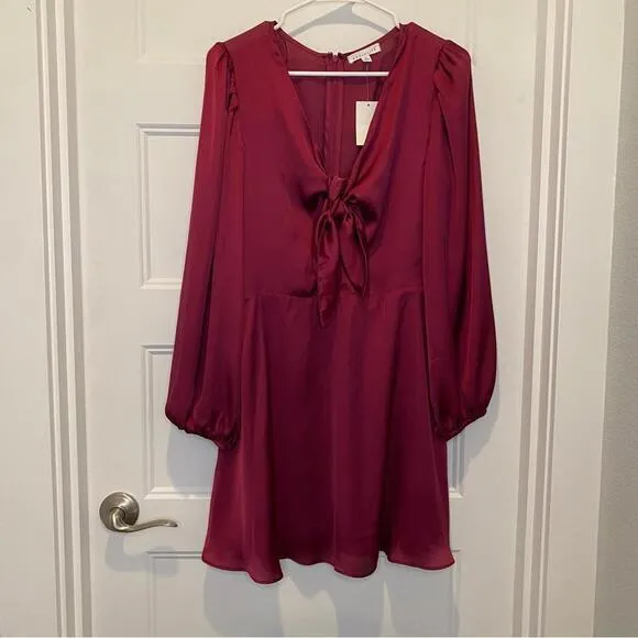 Socialite Burgundy Tie Front Knot Long Sleeve Satin Mini Dress Size M NWT