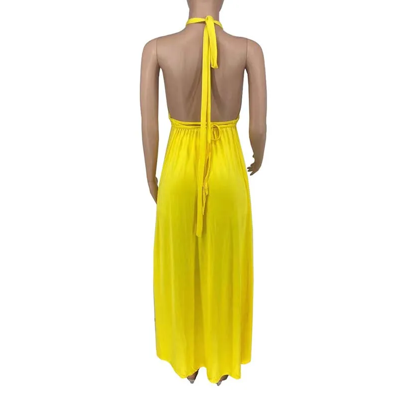 Solid Halter Backless Sleeveless Two Piece Set
