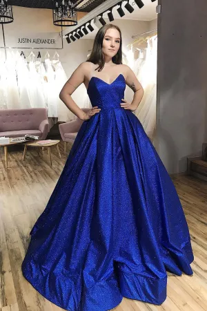 Sparkle A-Line Royal Blue Tulle Strapless V-neck Sequins Prom Dress with Pockets OHC446