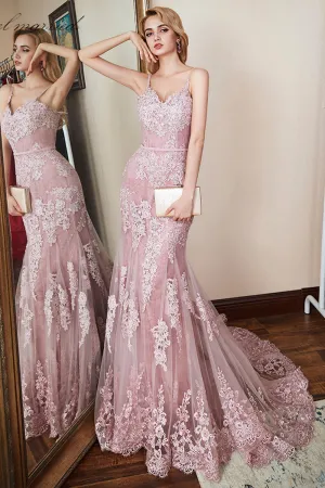 Stunning Mermaid New Brand Pink Tulle Long Evening Dress Lace Applique Prom Dress OHC471