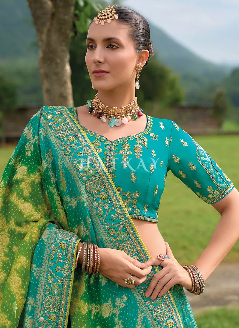Teal Blue And Green Traditional Embroidery Bridal Lehenga Choli