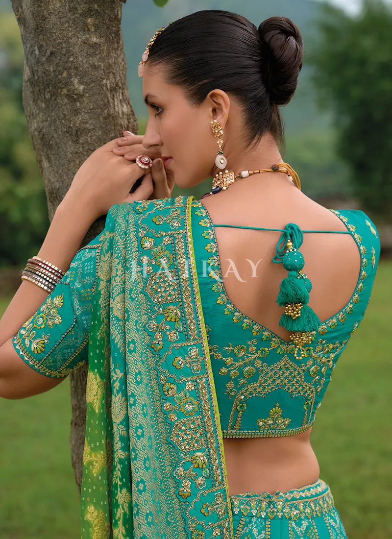 Teal Blue And Green Traditional Embroidery Bridal Lehenga Choli