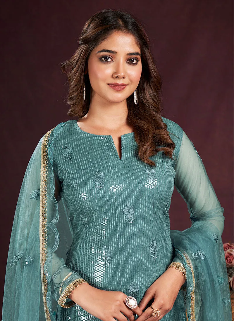 Teal Blue Sequence Embroidery Pant Style Suit