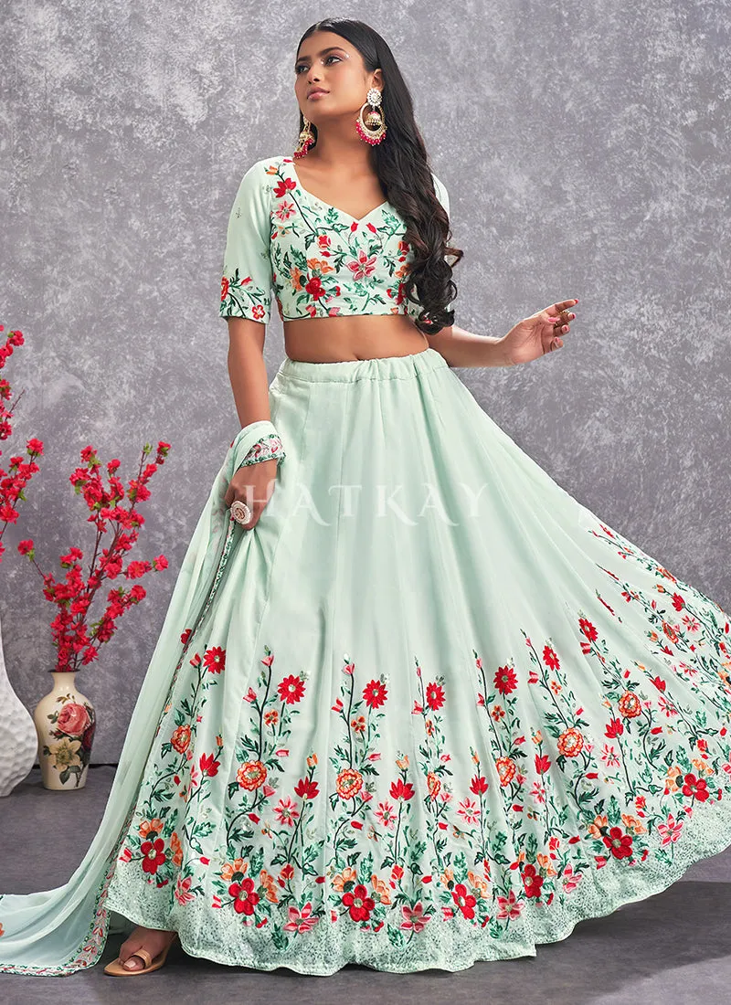 Teal Floral And Sequence Embroidery Wedding Lehenga Choli